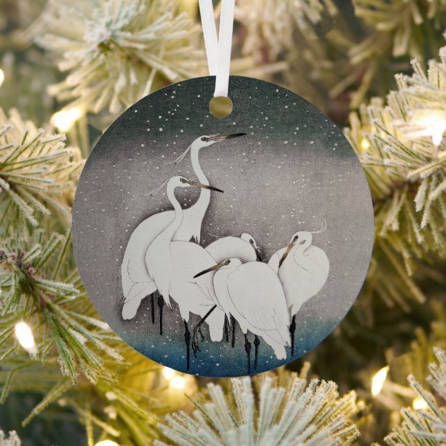 Japanese Egrets Koson Cranes Winter Snow Metal Ornament (Insitu)