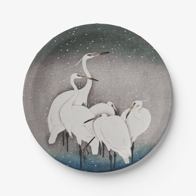 Japanese Egrets Koson Cranes Winter Snow Paper Plates (Front)