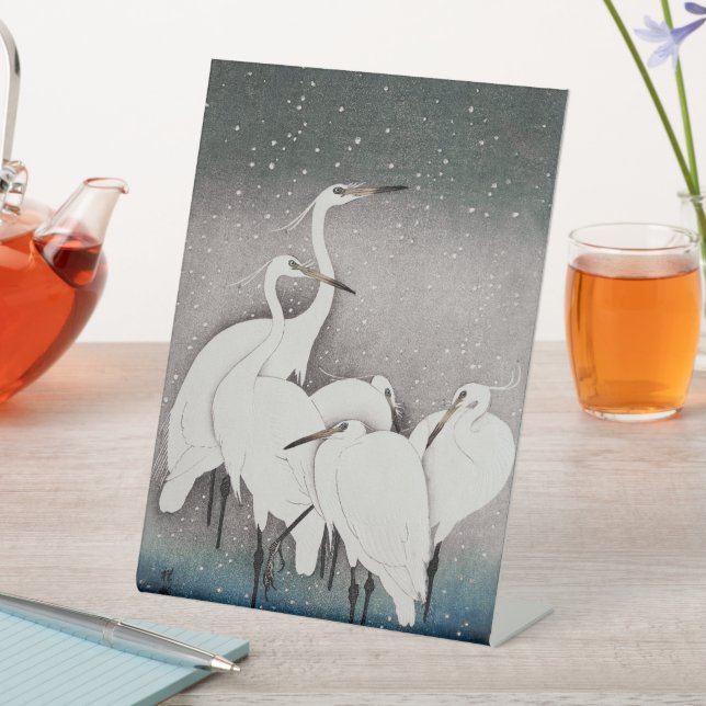 Japanese Egrets Koson Cranes Winter Snow Pedestal Sign (In SItu)