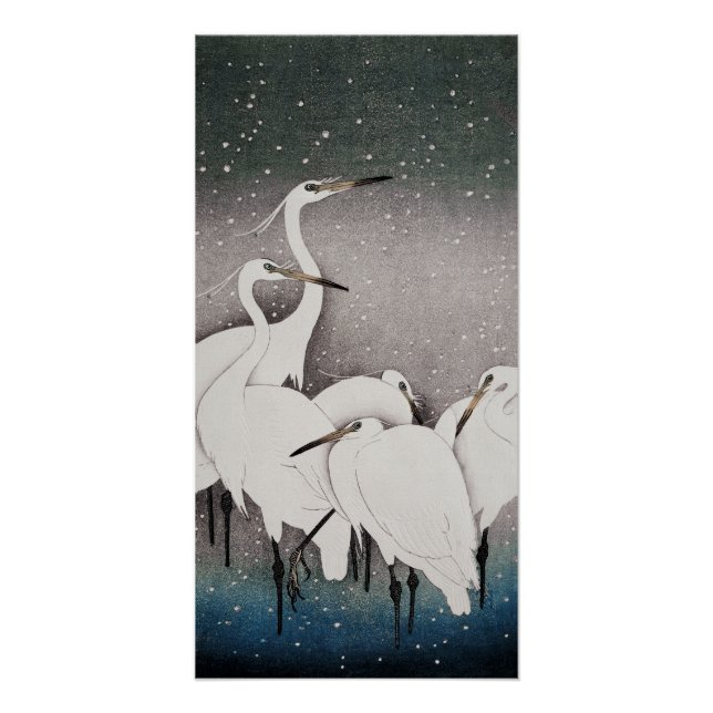 Japanese Egrets Koson Cranes Winter Snow Poster (Front)
