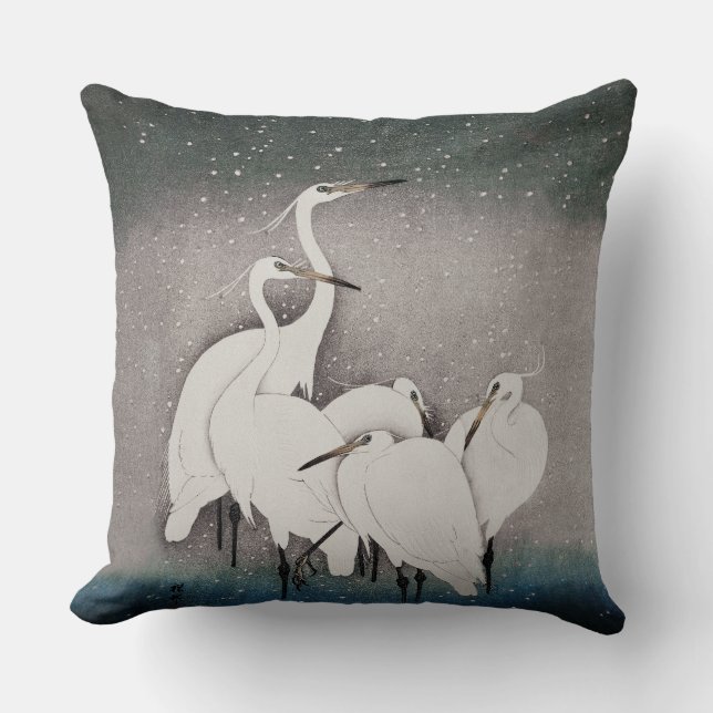 Japanese Egrets Koson Cranes Winter Snow Throw Pillow (Front)