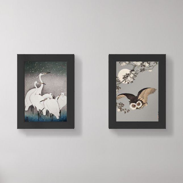 Japanese Egrets Koson Cranes Winter Snow Wall Art Sets (Front)