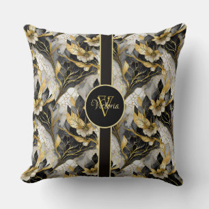 Japanese Elegant Gold and Black Marbleized Floral  Throw Pillow