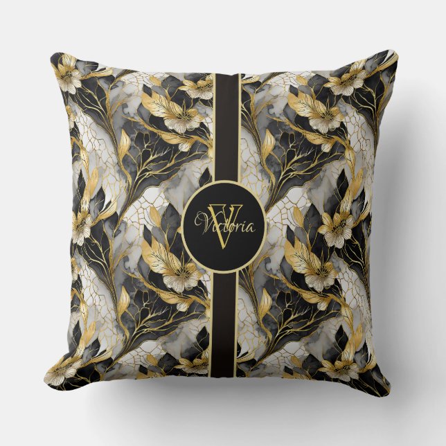 Japanese Elegant Gold and Black Marbleized Floral  Throw Pillow (Front)