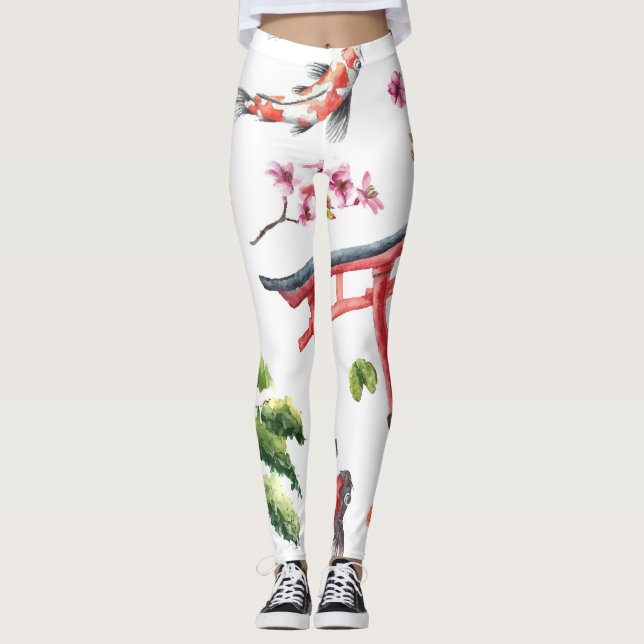 Japanese Elements Watercolor Seamless Texture Leggings (Front)
