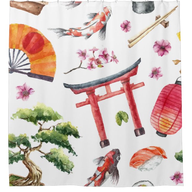 Japanese Elements Watercolor Seamless Texture Shower Curtain (Front)