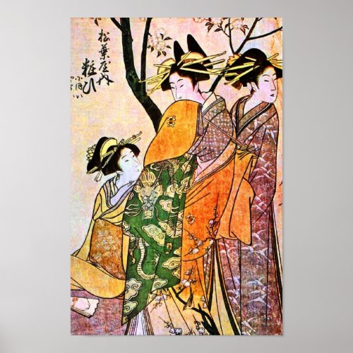 Japanese Engraving of Three Geisha Poster