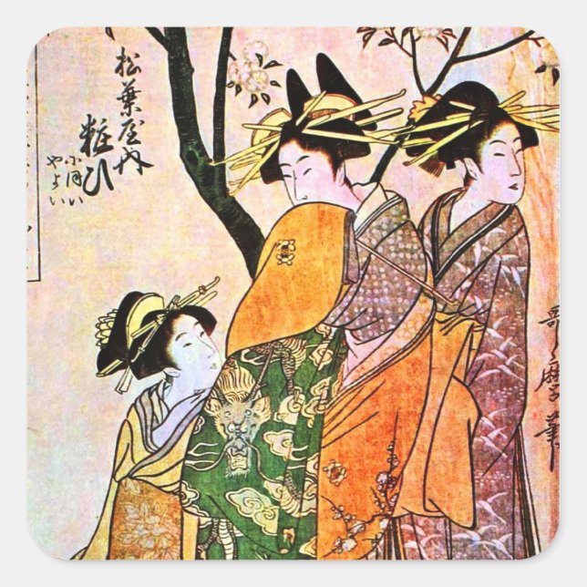 Japanese Engraving Three Geisha 1911 Square Sticker (Front)
