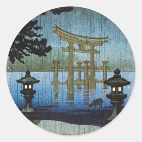 Japanese Evening Rain Woodblock Art Ukiyo_e Classic Round Sticker