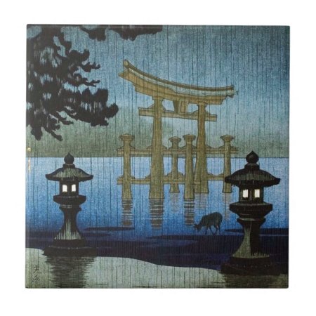 Japanese Evening Rain Woodblock Art Ukiyo-e Tile