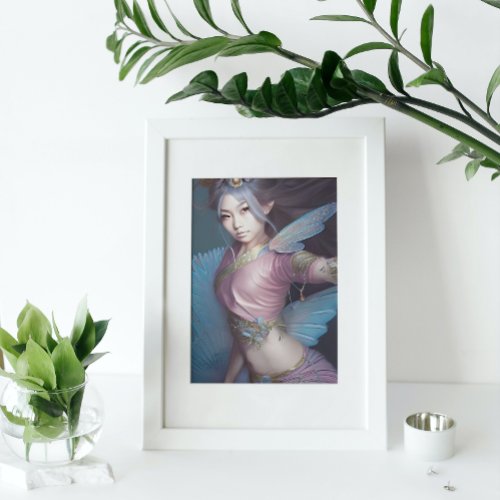 Japanese Fairy pink and light blue Fantasy AI Art Poster
