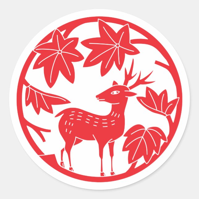 Japanese Family Crest-Japanese maple and deer Classic Round Sticker (Front)