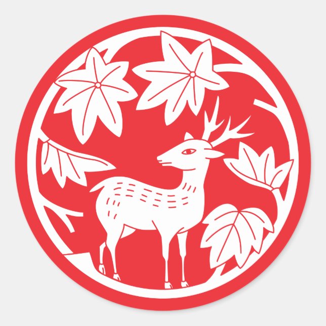 Japanese Family Crest-Japanese maple and deer Classic Round Sticker (Front)