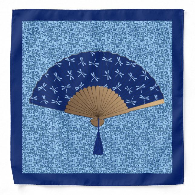 Japanese Fan, Dragonfly Pattern, Cobalt Blue Bandana (Front)