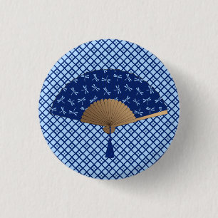 Japanese Fan, Dragonfly Pattern, Cobalt Blue Button