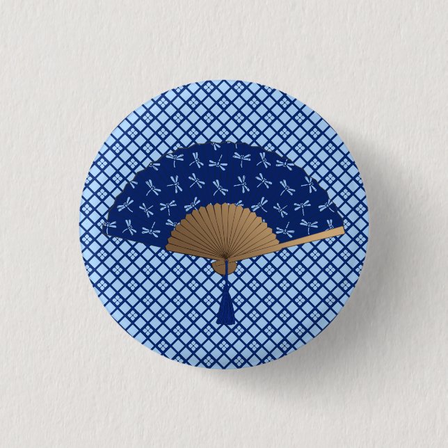 Japanese Fan, Dragonfly Pattern, Cobalt Blue Button (Front)