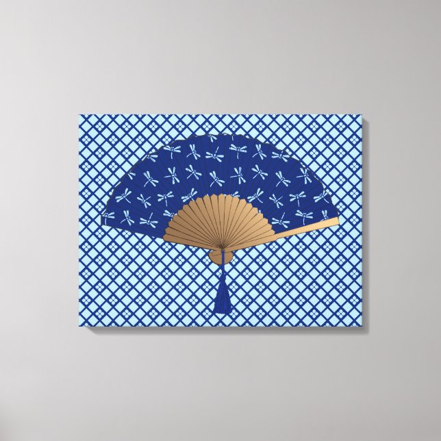 Japanese Fan, Dragonfly Pattern, Cobalt Blue Canvas Print (Front)