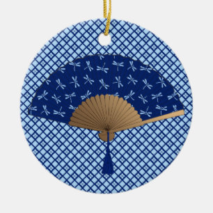 Japanese Fan, Dragonfly Pattern, Cobalt Blue Ceramic Ornament