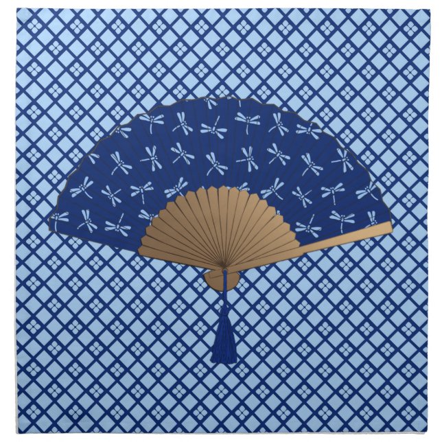 Japanese Fan, Dragonfly Pattern, Cobalt Blue Cloth Napkin (Front)