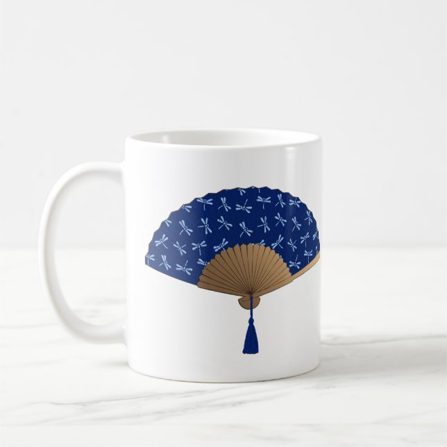 Japanese Fan, Dragonfly Pattern, Cobalt Blue Coffee Mug (Left)