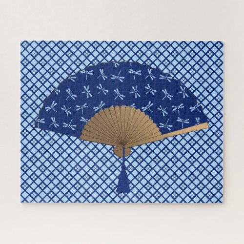 Japanese Fan Dragonfly Pattern Cobalt Blue Jigsaw Puzzle