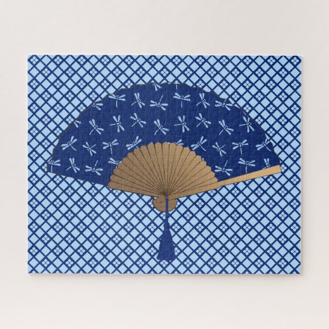Japanese Fan, Dragonfly Pattern, Cobalt Blue Jigsaw Puzzle (Horizontal)