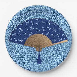 Japanese Fan, Dragonfly Pattern, Cobalt Blue Paper Plates