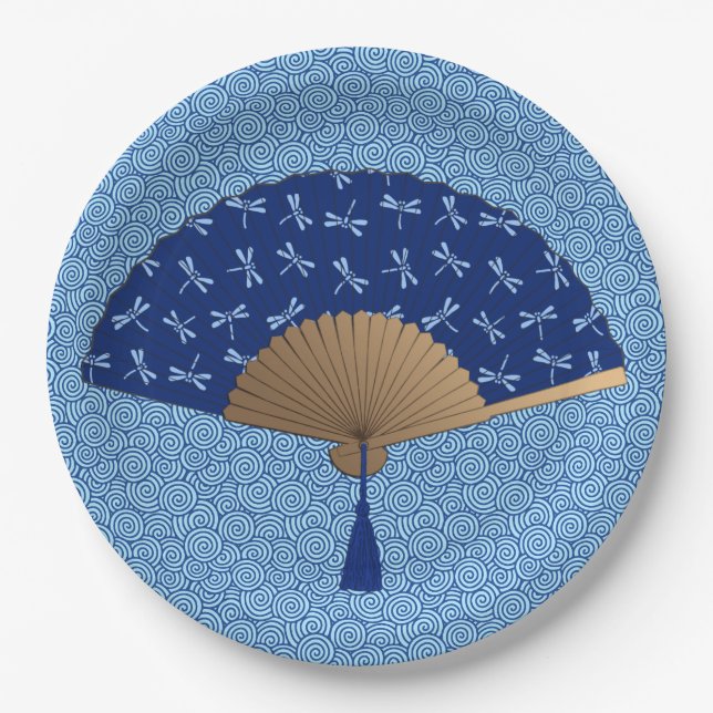 Japanese Fan, Dragonfly Pattern, Cobalt Blue Paper Plates (Front)