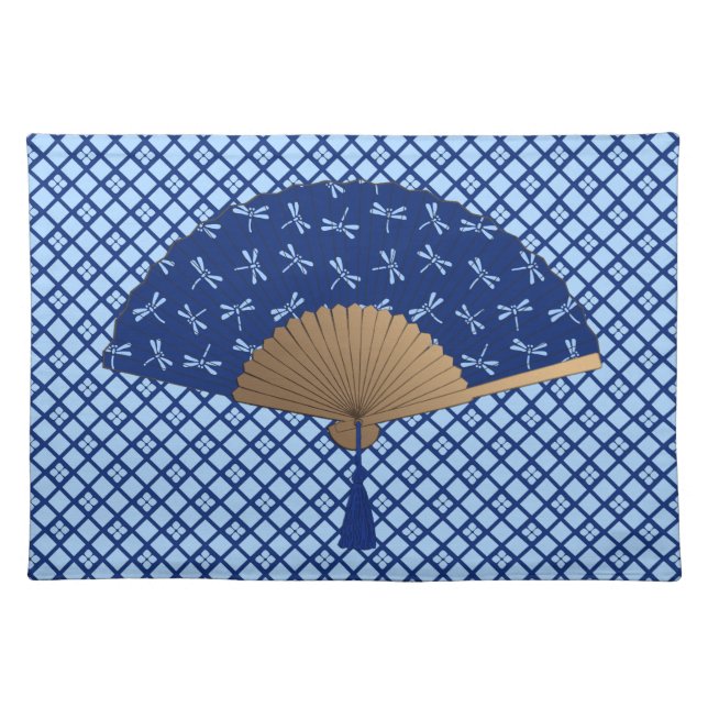 Japanese Fan, Dragonfly Pattern, Cobalt Blue Placemat (Front)