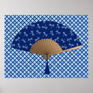 Japanese Fan, Dragonfly Pattern, Cobalt Blue Poster