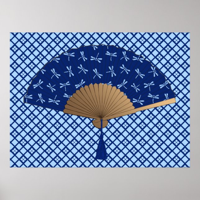 Japanese Fan, Dragonfly Pattern, Cobalt Blue Poster (Front)
