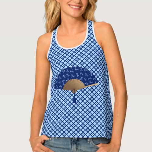 Japanese Fan Dragonfly Pattern Cobalt Blue Tank Top