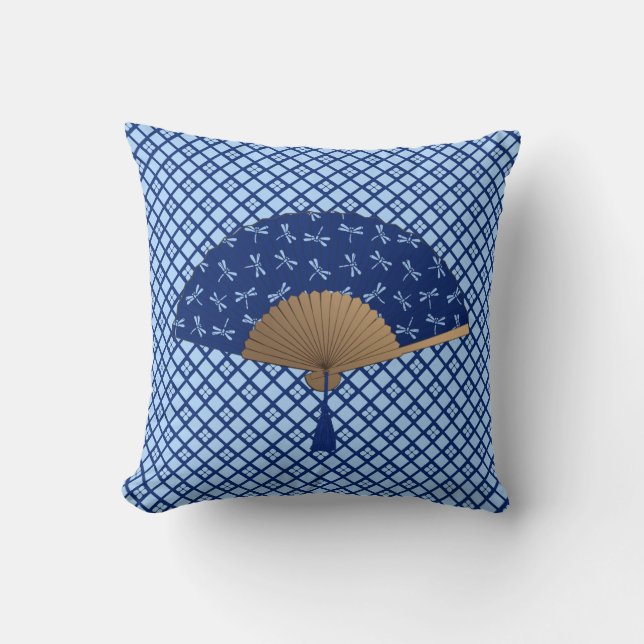 Japanese Fan, Dragonfly Pattern, Cobalt Blue Throw Pillow (Front)