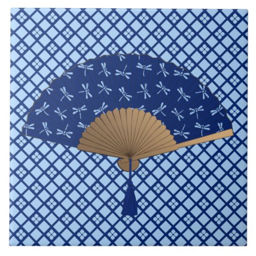 Japanese Fan Dragonfly Pattern Cobalt Blue Tile