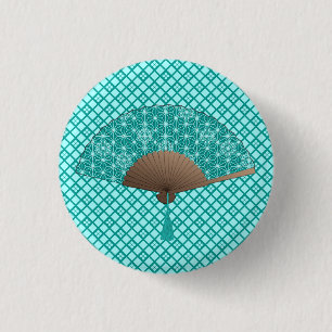 Japanese Fan in Asanoha pattern, Turquoise & Aqua Button