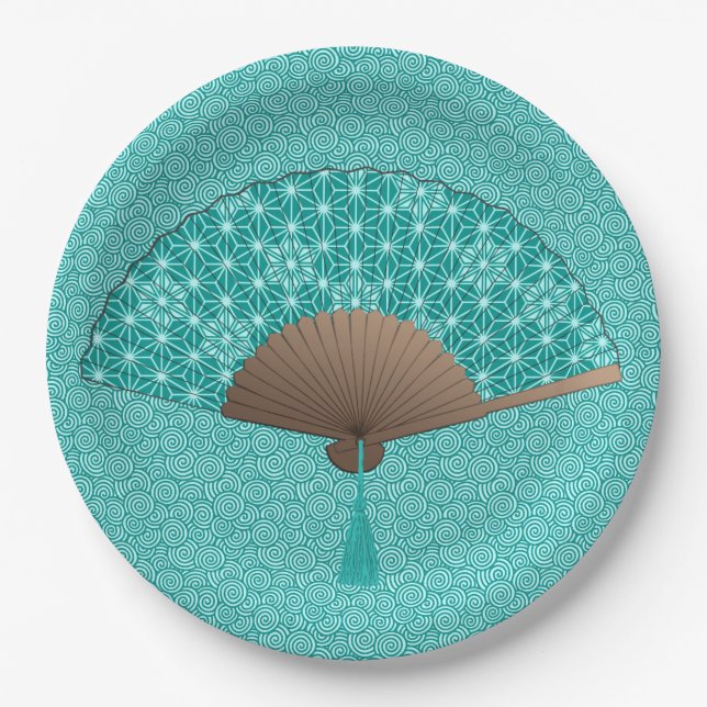 Japanese Fan in Asanoha pattern, Turquoise Paper Plates (Front)