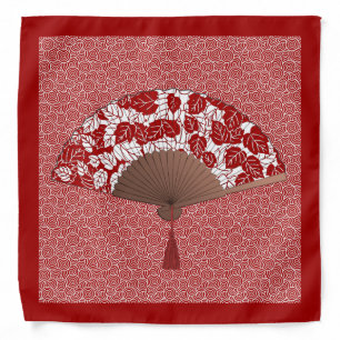 Japanese Fan in Leaf Print, Dark Red and White Bandana