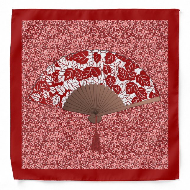Japanese Fan in Leaf Print, Dark Red and White Bandana (Front)