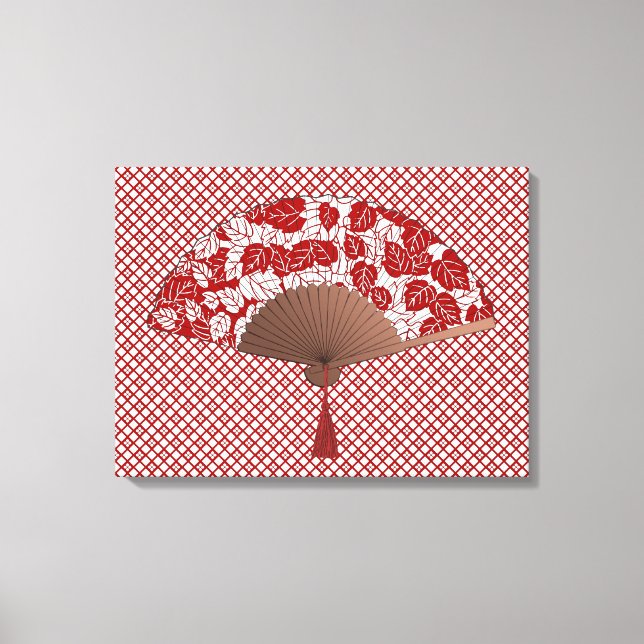 Japanese Fan in Leaf Print, Dark Red and White Canvas Print (Front)