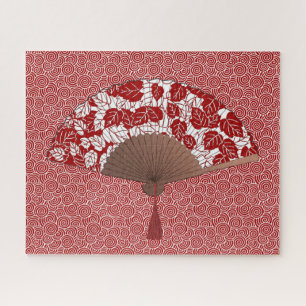 Japanese Fan in Leaf Print, Dark Red and White Jigsaw Puzzle