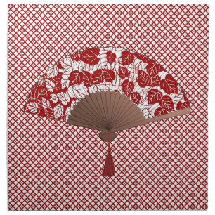 Japanese Fan in Leaf Print, Dark Red and White Napkin