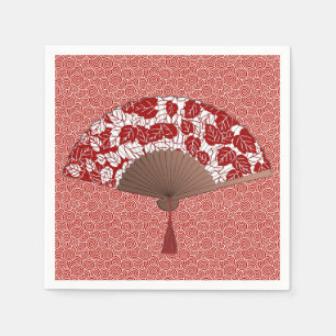 Japanese Fan in Leaf Print, Dark Red and White Napkins