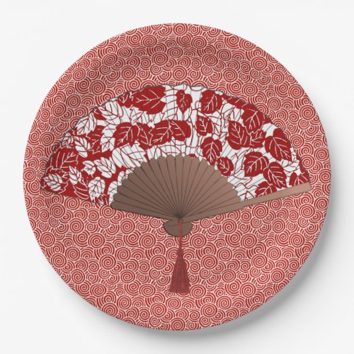 Japanese Fan in Leaf Print Dark Red and White Paper Plates