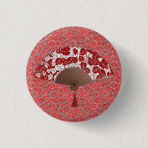 Japanese Fan in Leaf Print, Dark Red and White Pinback Button