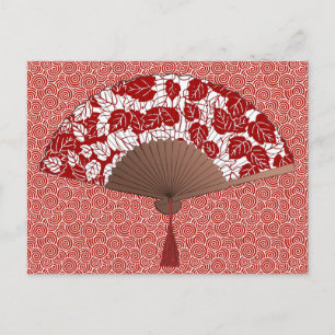 Japanese Fan in Leaf Print, Dark Red and White Postcard