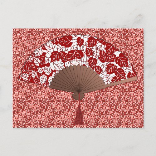 Japanese Fan in Leaf Print Dark Red and White Postcard