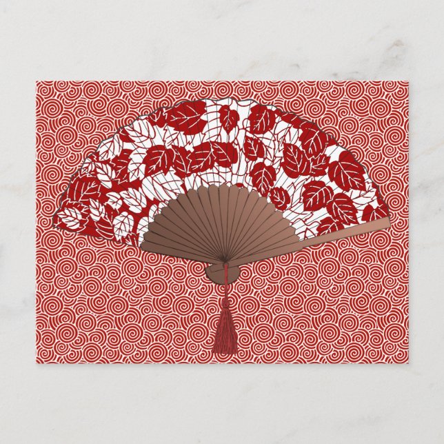 Japanese Fan in Leaf Print, Dark Red and White Postcard (Front)