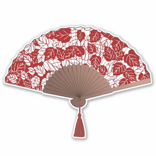 Japanese Fan in Leaf Print, Dark Red and White Sticker (Front)