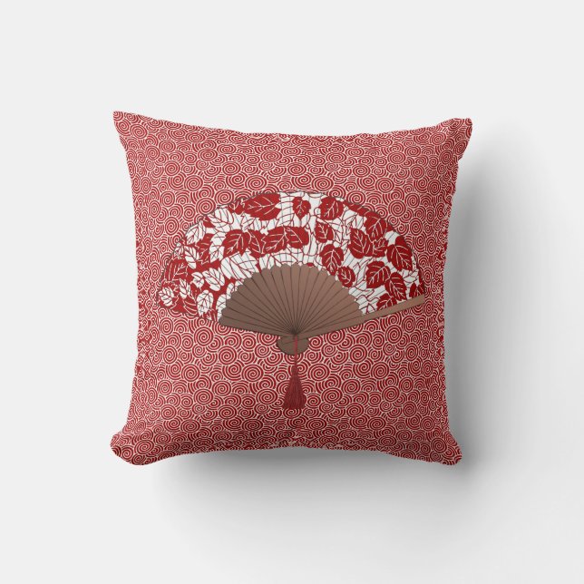 Japanese Fan in Leaf Print, Dark Red and White Throw Pillow (Front)