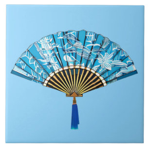 Japanese Fan in Turquoise Blue and White Ceramic Tile